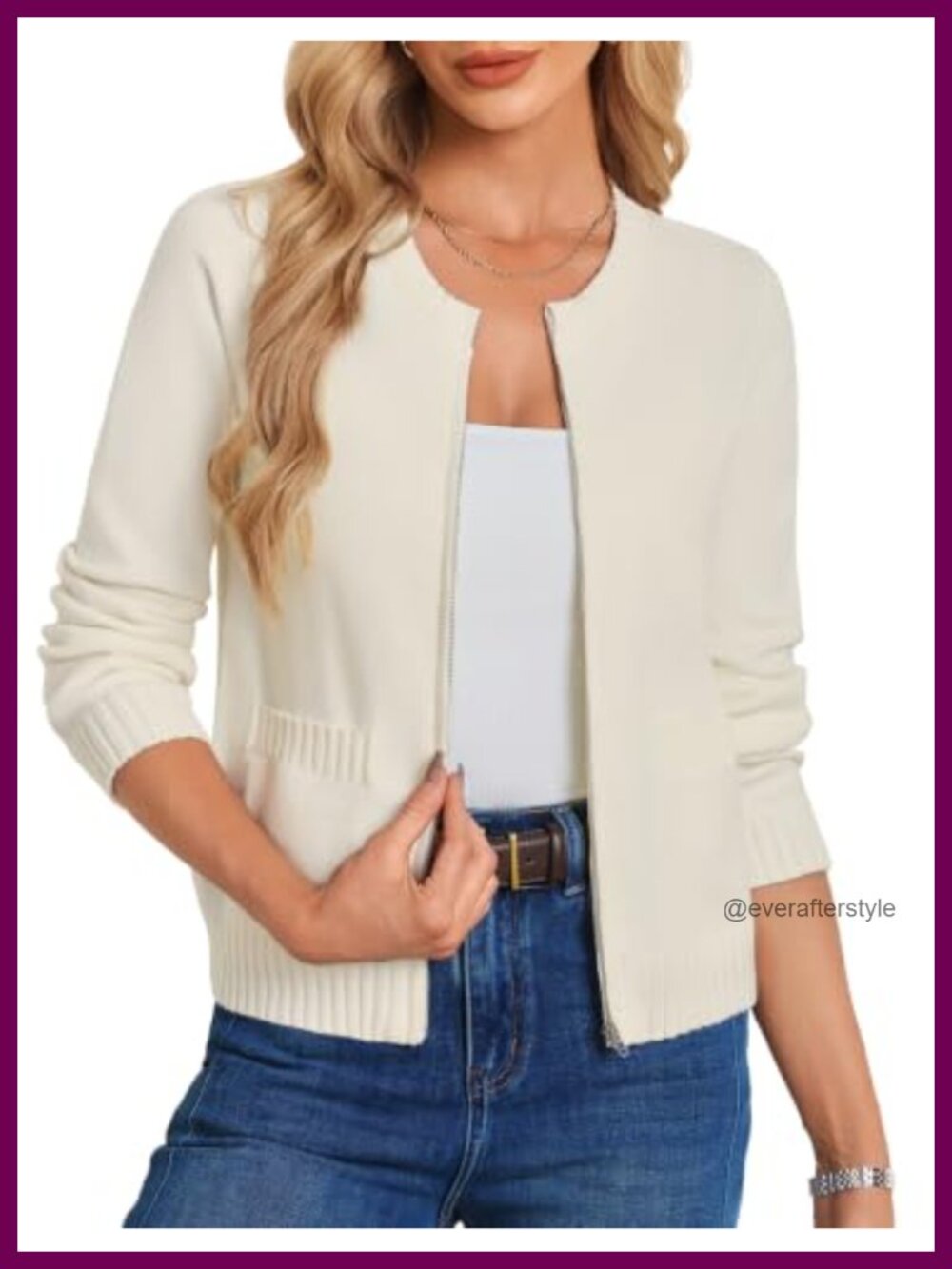 Ribbed Knit Cropped Zip Up Cardigan Crew Neck Long Sleeve Slim Fit
